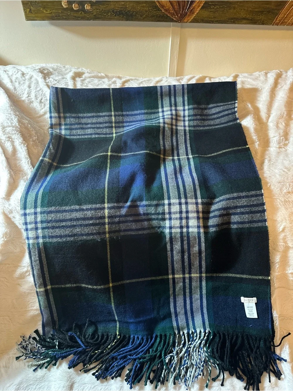 J.Crew Classic Oversized Plaid Blanket Scarf Wrap Fringed Green Navy